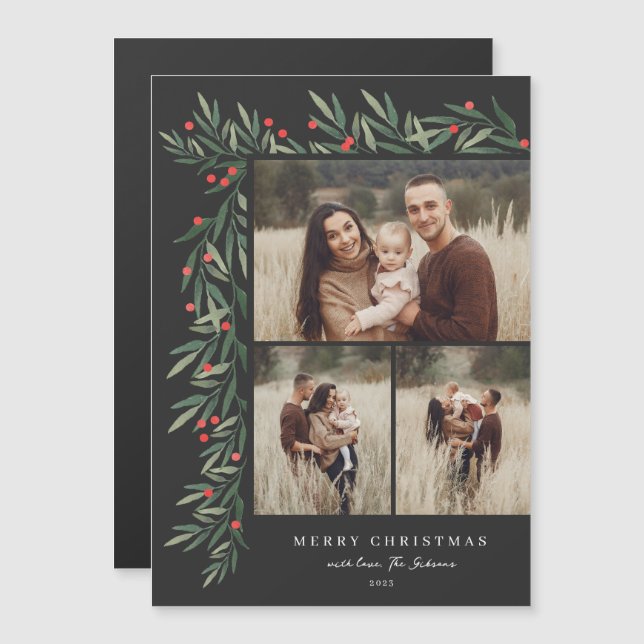 Winter Greenery Black 3 Foto Weihnachten Magnetkarte (Vorne/Hinten)