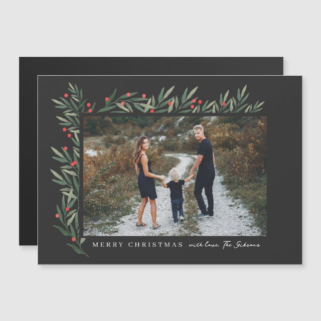 Winter Greenery Black Foto Weihnachten Magnetkarte (Vorne/Hinten)