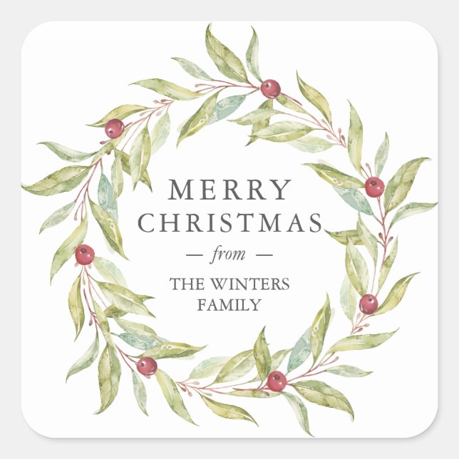 Winter Greenery Blätter Berries Wreath Quadratischer Aufkleber (Vorderseite)