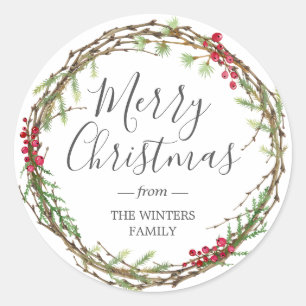 Winter Greenery Blätter Berries Wreath Runder Aufkleber