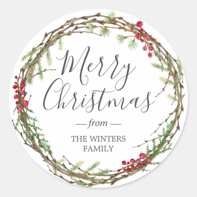 Winter Greenery Blätter Berries Wreath Runder Aufkleber (Vorderseite)