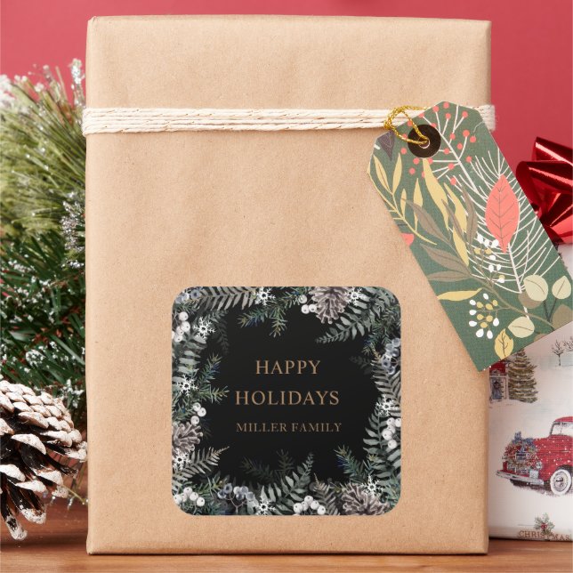 Winter Greenery Blue Happy Holidays Monogram Quadratischer Aufkleber (Feiertag)