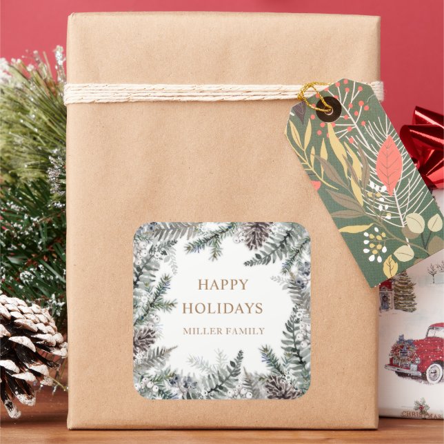 Winter Greenery Blue Happy Holidays Monogram Quadratischer Aufkleber (Feiertag)