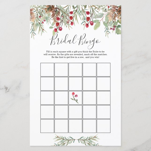 Winter Greenery Bridal Bingo Game Paper Sheet (Vorderseite)