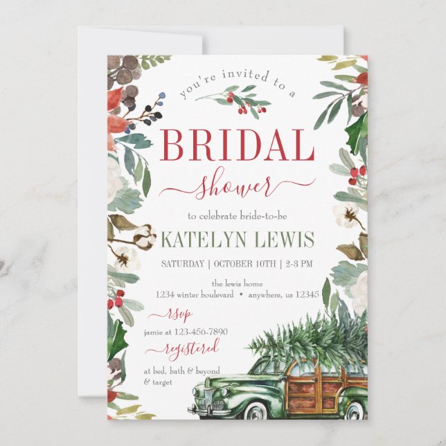 Winter Greenery Bridal Dusche Einladung LKW (Vorderseite)