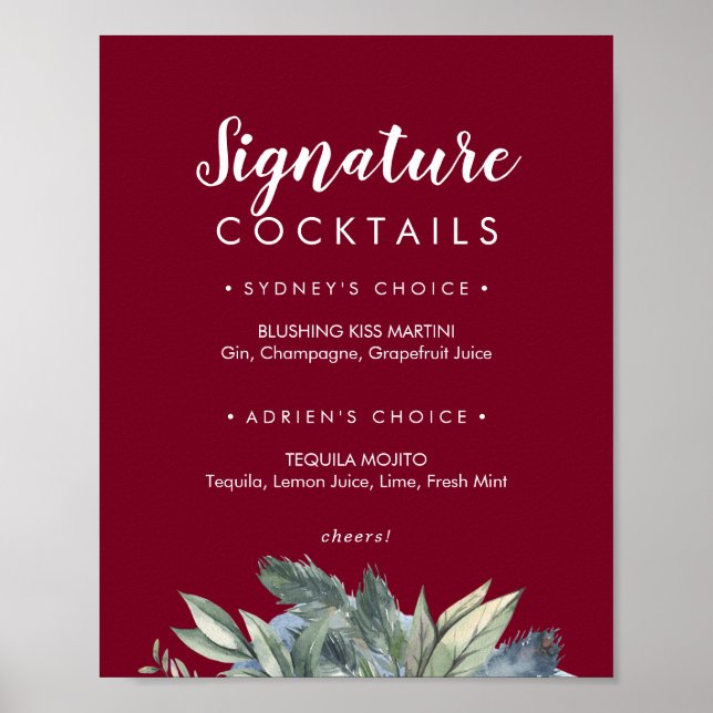 Winter Greenery Burgundy Signature Cocktails Zeich Poster (Vorne)