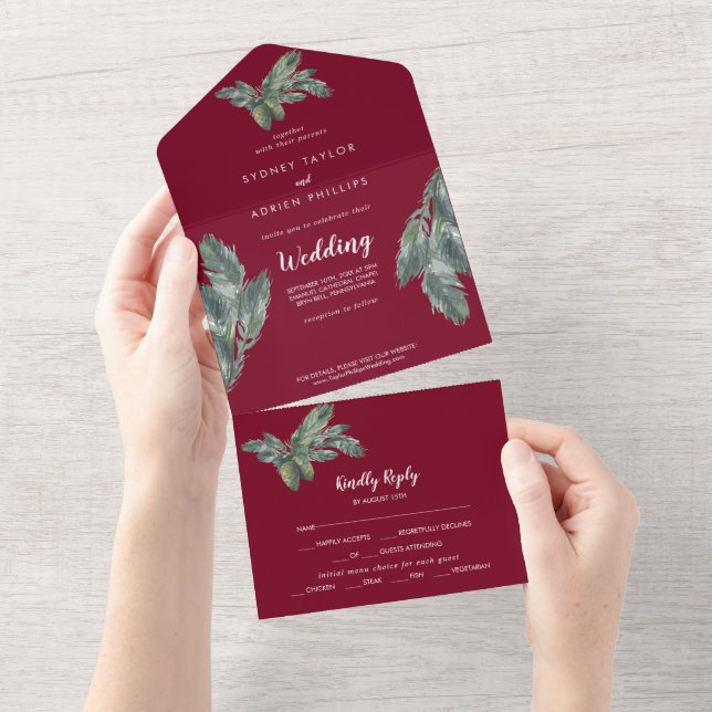 Winter Greenery Burgundy Wedding All In One Einladung (Abreißen)