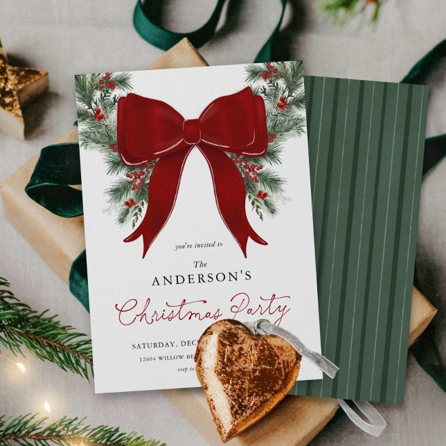 Winter Greenery Christmas Party Invite Einladung (Red Bow and Wreath Christmas Party Invitation)