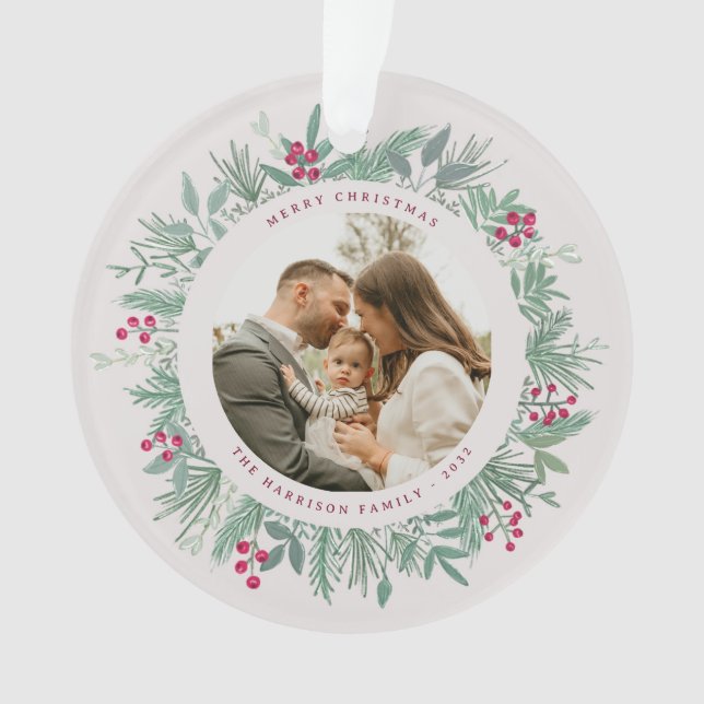 Winter Greenery Christmas Photo Wreath Ornament (Vorderseite)