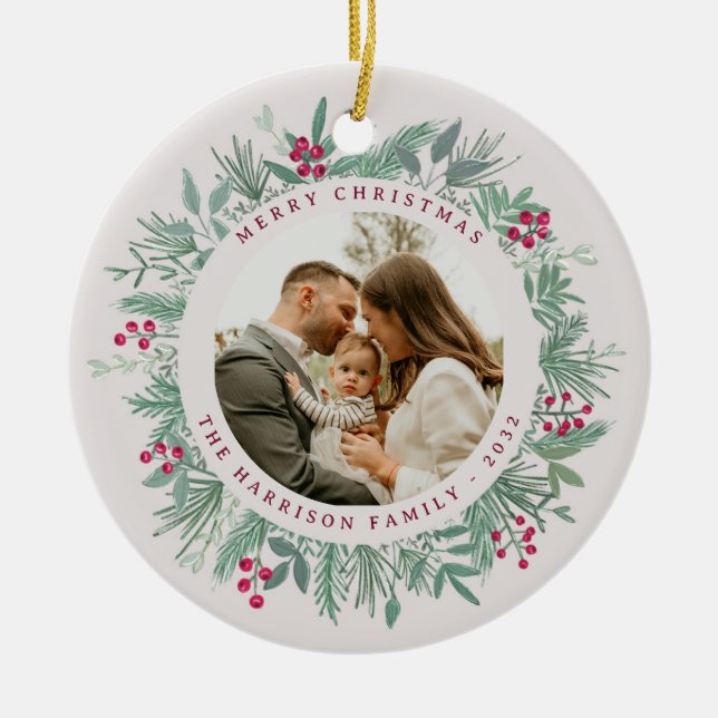 Winter Greenery Christmas Photo Wreath Ornament (Vorne)