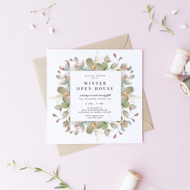 Winter Greenery Elegant Square Open House Einladung (Von Creator hochgeladen)
