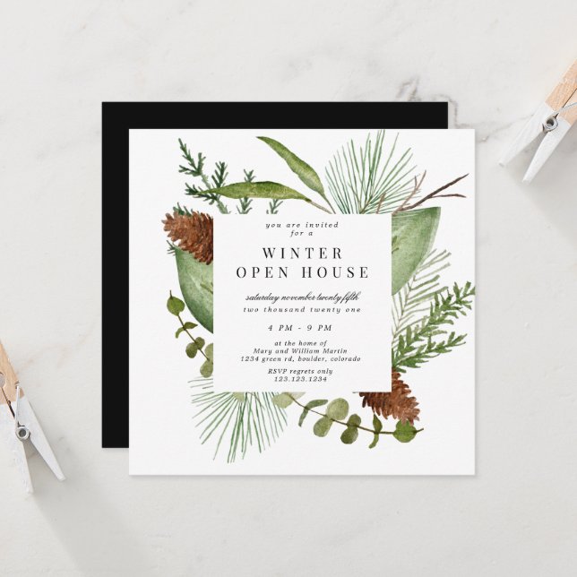 Winter Greenery Elegant Square Open House Einladung (Vorderseite/Rückseite Beispiel)