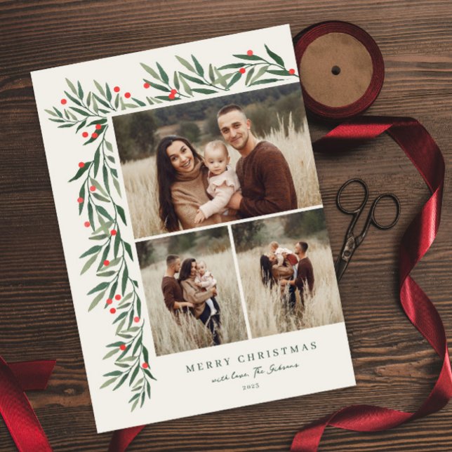 Winter Greenery Elfenbein 3 Foto Weihnachten Magnetkarte (Elegant greenery leaves 3 photo collage christmas holiday magnetic card.)