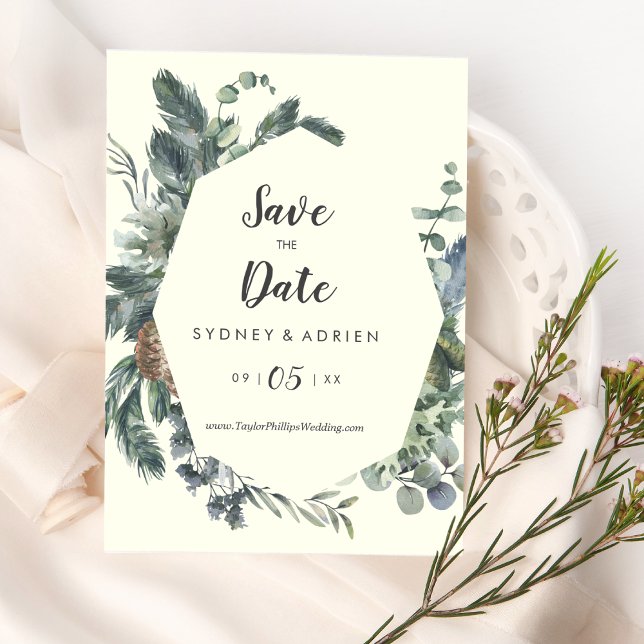 Winter Greenery | Elfenbein Hochzeit retten Datum Save The Date (Von Creator hochgeladen)