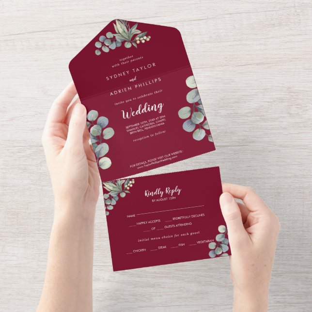 Winter Greenery Eucalyptus Burgundy Wedding All In One Einladung (Abreißen)