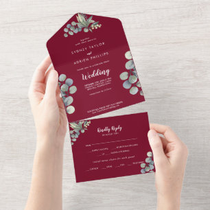 Winter Greenery Eucalyptus Burgundy Wedding All In One Einladung