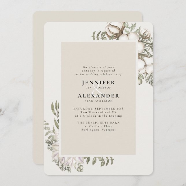 Winter Greenery Floral Cream UAWG QR Code Hochzeit Einladung (Vorne/Hinten)