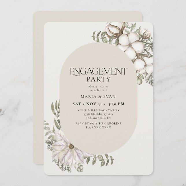 Winter Greenery Floral Oval ElfenbeinEngagement Pa Einladung (Vorne/Hinten)