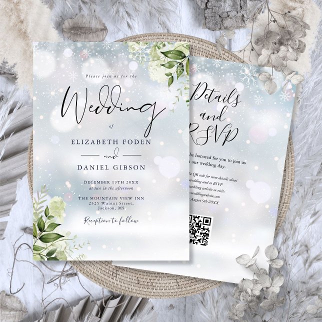 Winter Greenery Floral QR Code Hochzeit Einladung (Winter Greenery Floral QR Code Wedding Invitation)