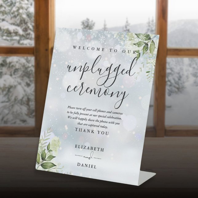 Winter Greenery Floral Unplugged Zeremonie Sockelschild (Winter Greenery Floral Unplugged Ceremony Pedestal Sign)