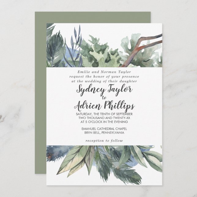 Winter Greenery Formal Wedding Einladung (Vorne/Hinten)