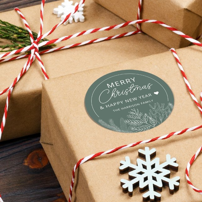 Winter Greenery Frohe Weihnachten Personalisiert Runder Aufkleber (Winter Greenery Merry Christmas Personalized Classic Round Sticker)