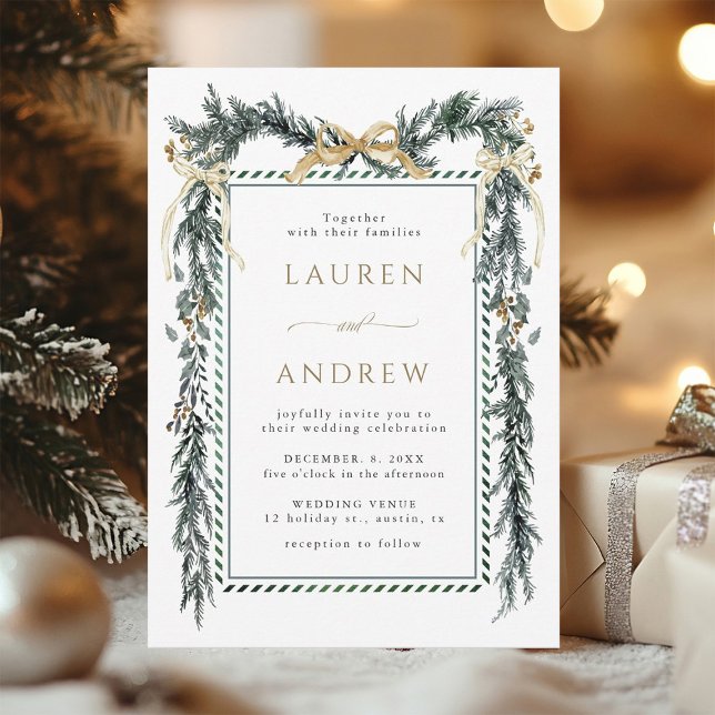 Winter Greenery Garland Wedding Gold & Green Einladung (Von Creator hochgeladen)