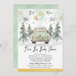 Winter Greenery Gold Drive by Baby Duschparade Einladung