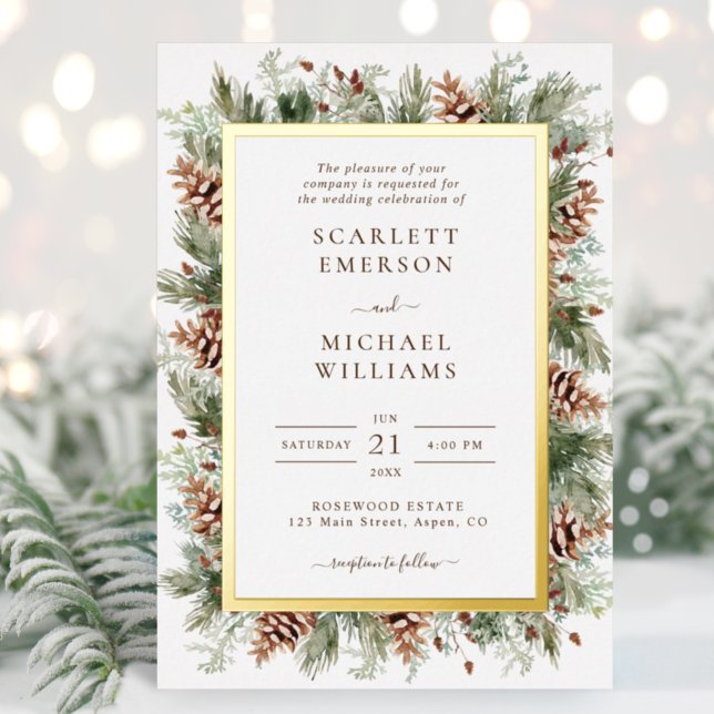 Winter Greenery Gold Foil Einladung zur Hochzeit (Elegant Forest Pinecone Mountain Greenery Gold Foil Wedding Invitations by Painted Paperie
)