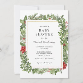 Winter Greenery Gold Frame Baby Dusche Einladung