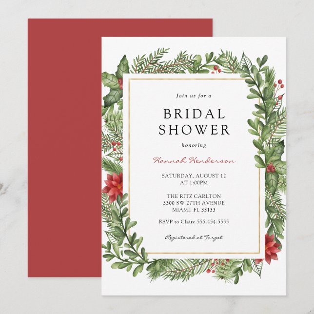 Winter Greenery Gold Frame Brautparty Einladung (Vorne/Hinten)