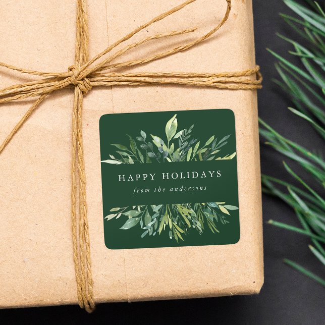 Winter Greenery Happy Holidays Quadratischer Aufkleber (Von Creator hochgeladen)