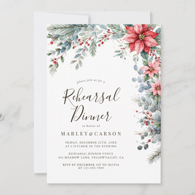 Winter Greenery Holiday Wedding Probe Dinner Einladung (Vorderseite)