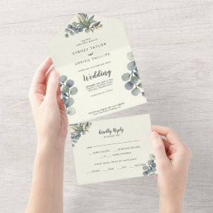 Winter Greenery   Ivory Eucalyptus Wedding All In One Einladung
