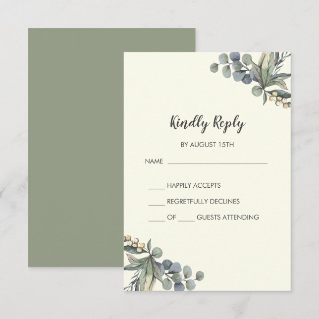Winter Greenery | Ivory Simple Wedding RSVP Card Karte (Vorne/Hinten)