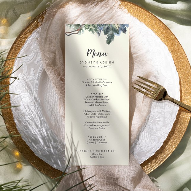 Winter Greenery | Ivory Wedding Dinner Menu Menükarte (Von Creator hochgeladen)