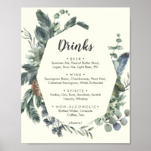 Winter Greenery   Ivory Wedding Drinks Menu Sign Poster