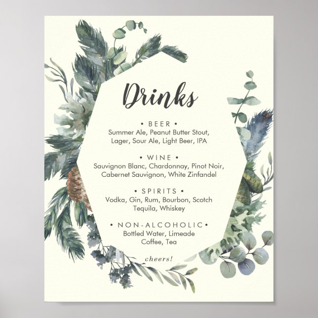 Winter Greenery | Ivory Wedding Drinks Menu Sign Poster (Vorne)