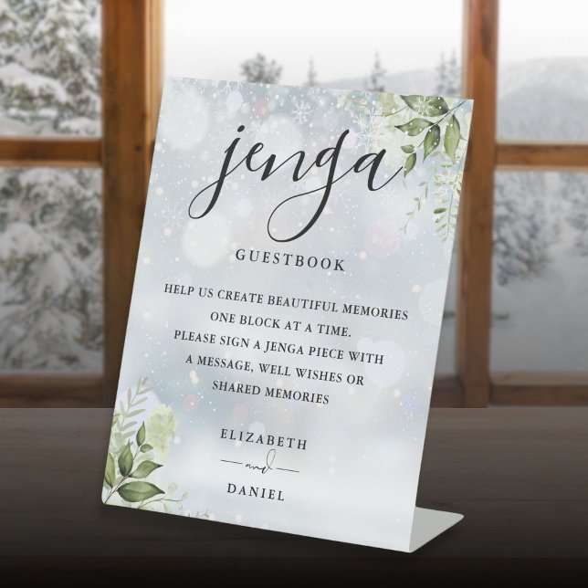 Winter Greenery Jenga Wedding Guestbook Sockelschild (Winter Greenery Jenga Wedding Guestbook Pedestal Sign)