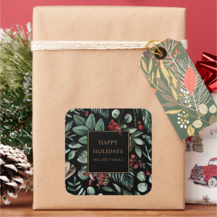 Winter Greenery Kardinal Happy Holidays Monogram Quadratischer Aufkleber