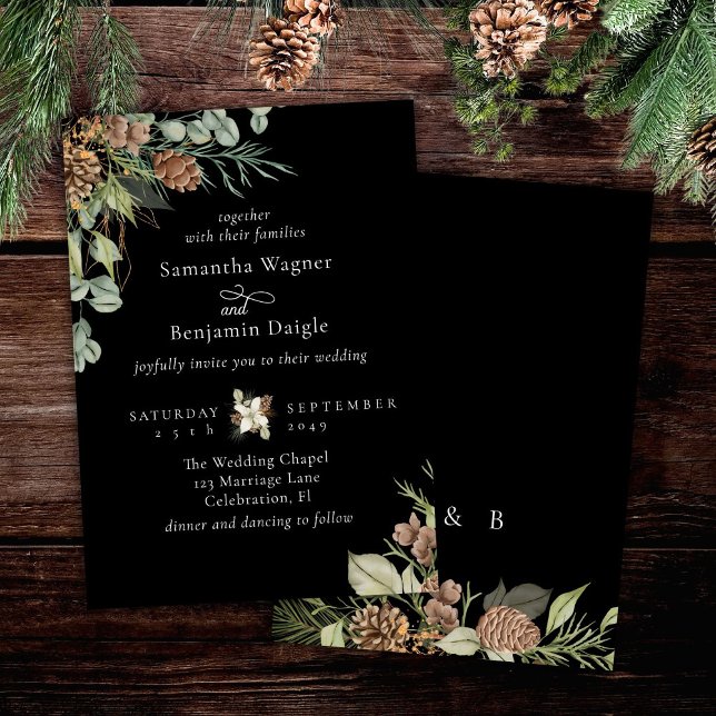 Winter Greenery Pine Black Elegante Hochzeit Einladung (Von Creator hochgeladen)
