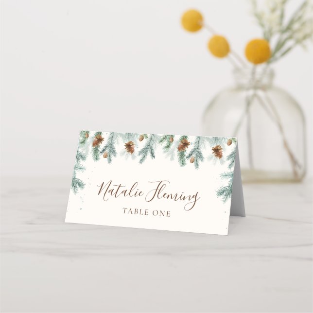 Winter Greenery Pine Branches Cones Wedding Platzkarte (Rückseite)