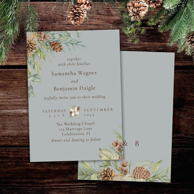 Winter Greenery Pine Gray Hochzeit Einladung (Von Creator hochgeladen)