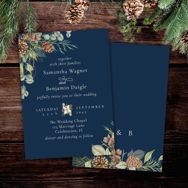 Winter Greenery Pine Navy Blauer Elegant Hochzeit Einladung (Von Creator hochgeladen)