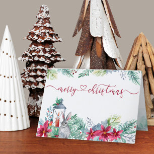 Winter Greenery Poinsettia und Kaninchen Wasserfar Feiertagskarte