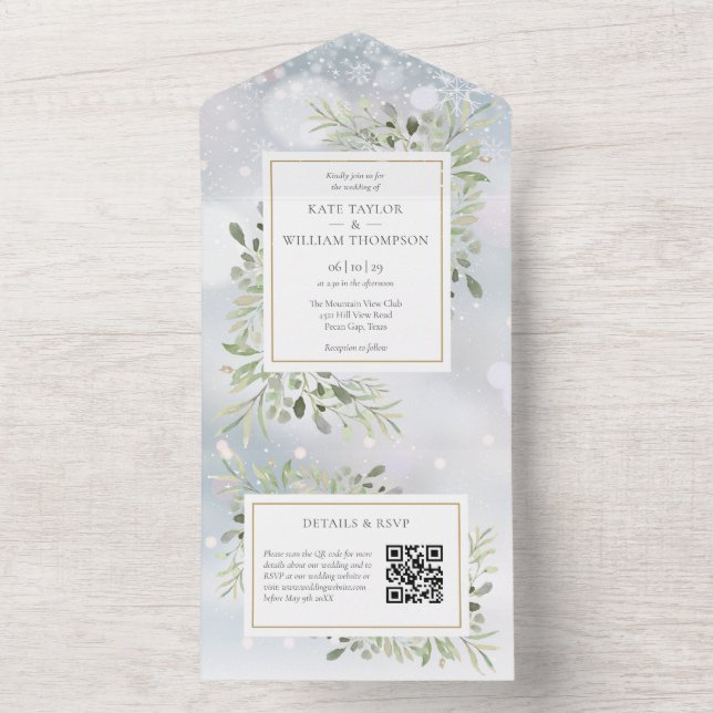 Winter Greenery QR Code Monogram Wedding All In One Einladung (Innen Boden)