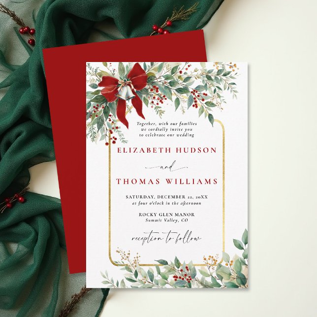 Winter Greenery Red Bow Bells Rustic Frame Wedding Einladung (christmas wedding invitation card template design winter greenery botanical rustic chic frame)