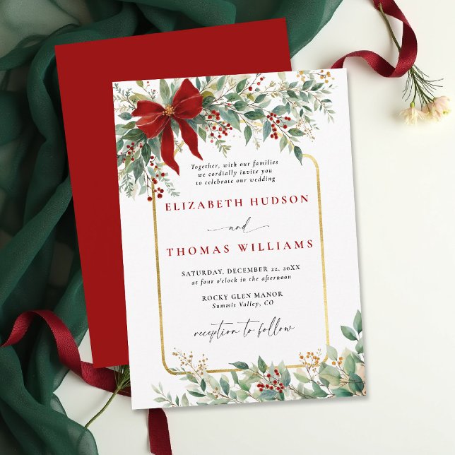 Winter Greenery Red Bow Rustic *Gold Frame Wedding Einladung (christmas wedding invitation card template design winter greenery botanical rustic chic golden frame)