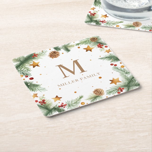 Winter Greenery Stars Holiday Monogram Rechteckiger Pappuntersetzer (angewinkelt)