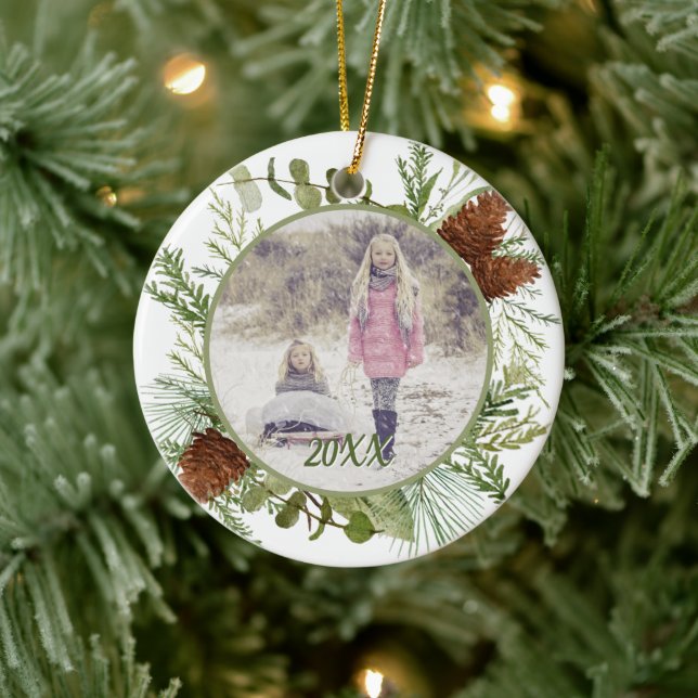 Winter Greenery Watercolor Doppelseitiges Foto Keramik Ornament (Baum)